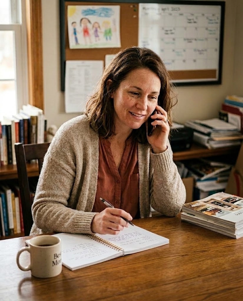 Your dedicated Charleston Wrap rep on the phone at her desk, taking notes for a school's fundraiser
