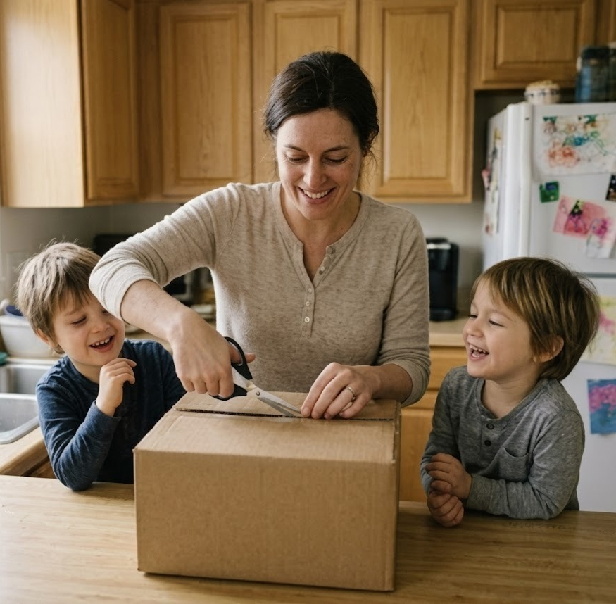 A mom and her two boys laughing as they cut open a delivery box on their kitchen counter